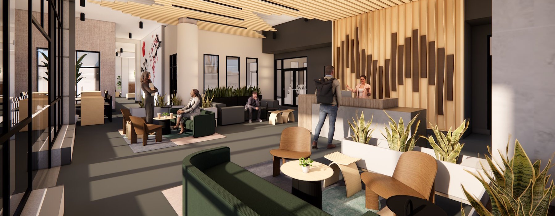 a lobby area with a front desk, couch, tables and chairs